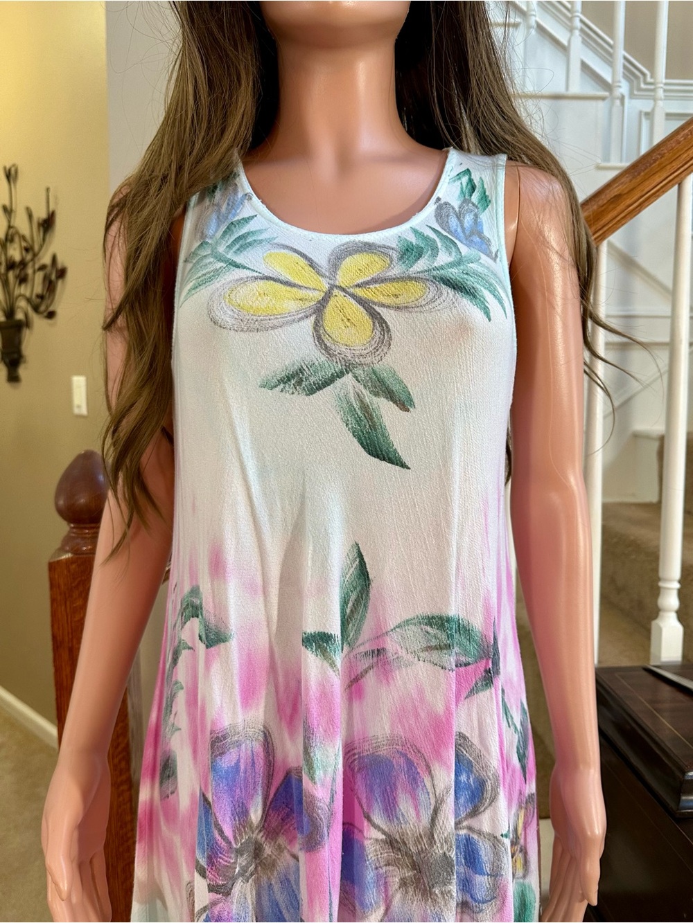 Sleeveless Floral Tie-Dye Swing Dress in Pink, Blue & Yellow - Picture 3 of 14
